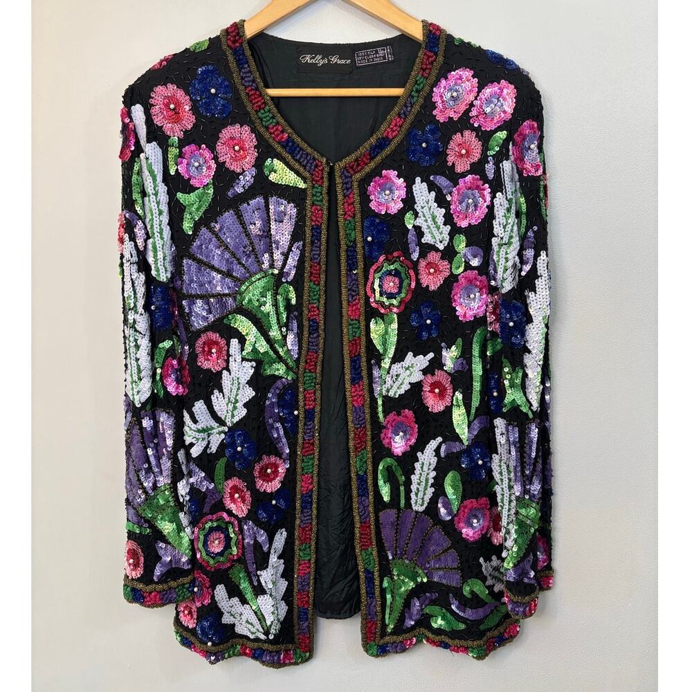 Vintage Fully Beaded Sequined Floral Pattern Silk Jacket Size Large